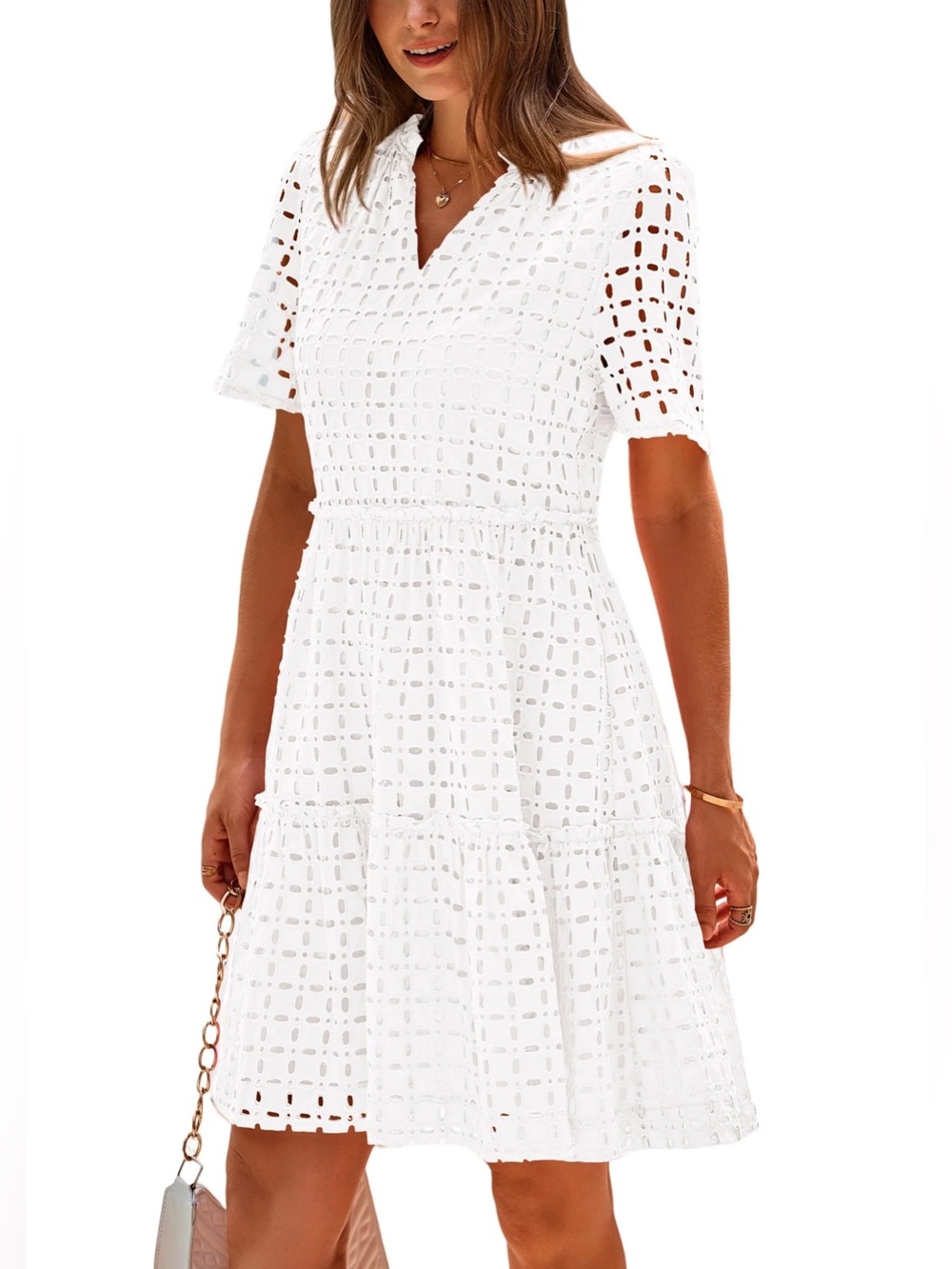 White Eyelet Tiered V-Neck Midi Dress